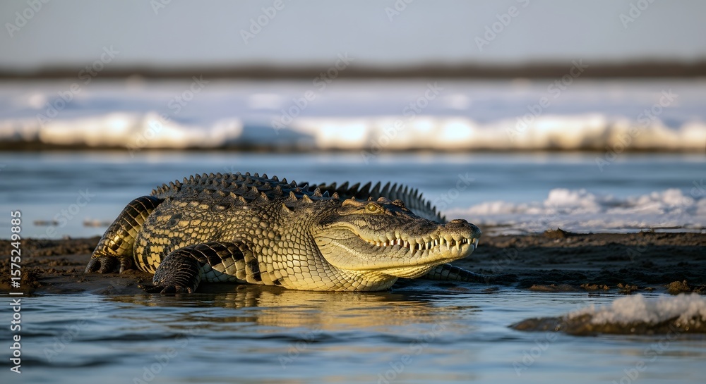 Fototapeta premium Large Green Crocodile Resting on Shore Near Water with Ice
