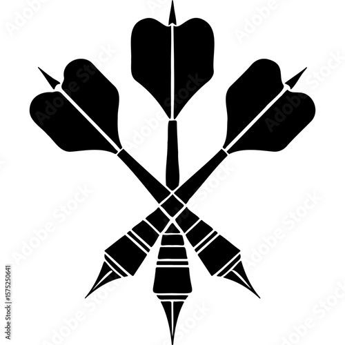 Sketchy emblem of triple set of crossed darts. Engraving minimalistic vector in black ink drawing on transparent background