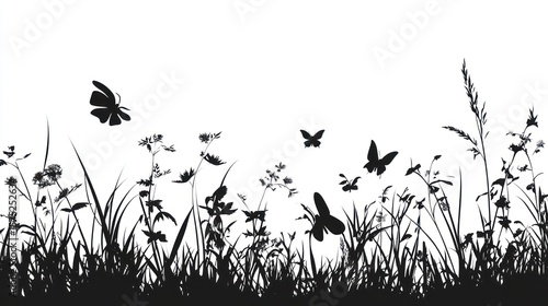 Black silhouettes of butterflies, grass, and wildflowers against a stark white background