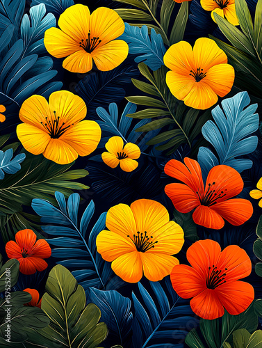 Wallpaper Mural Colorful Botanical Pattern with Exotic Flowers – Bright Nature Art Torontodigital.ca