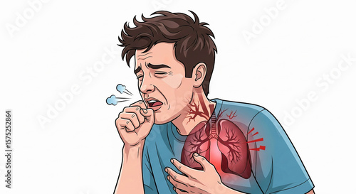 Man Coughing with Lung Disease – Illustration of Respiratory Illness or Lung Cancer Symptom