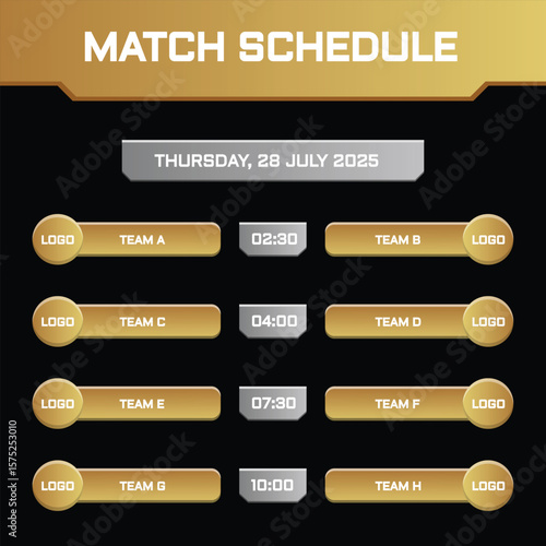 Wallpaper Mural modern and futuristic match schedule template with elegant gold and silver metallic elements on a dark background. for e-sport tournament, gaming, and sport competition Torontodigital.ca