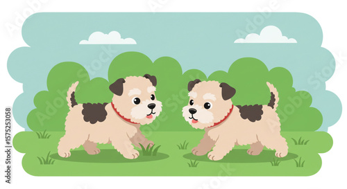 Two adorable puppies playing happily in a grassy, sunny park setting.