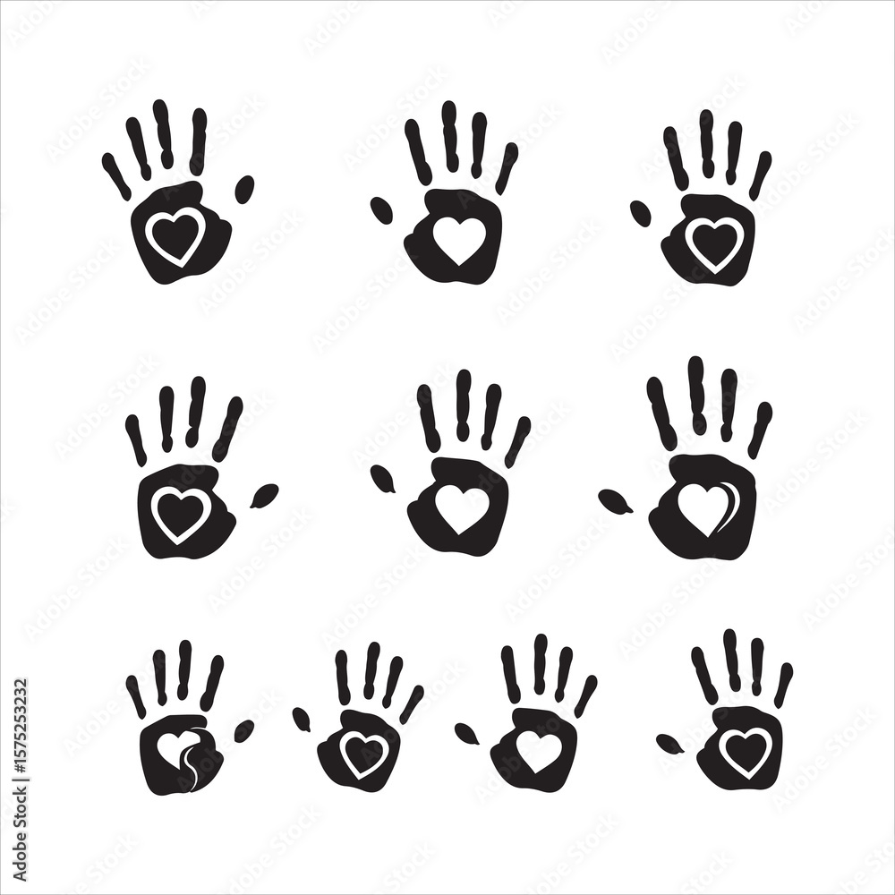 Fototapeta premium Collection of black handprints with white hearts symbolizing love and care