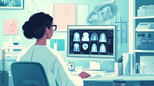 Doctor reviewing medical images on computer in office.