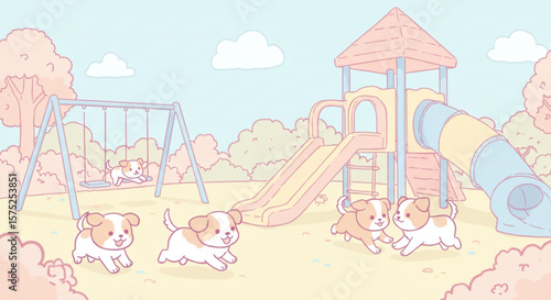 Cartoon illustration of puppies playing in a park with a slide and swingset.