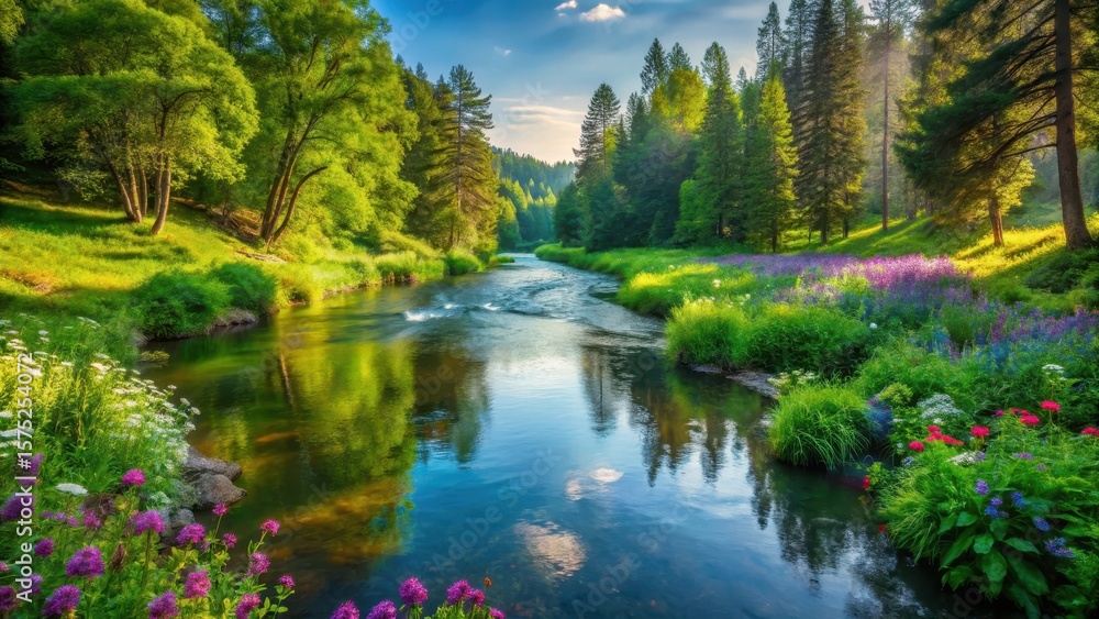 Fototapeta premium A serene winding river flowing through a dense forest with lush greenery and vibrant wildflowers surrounding it , serenity, river scene