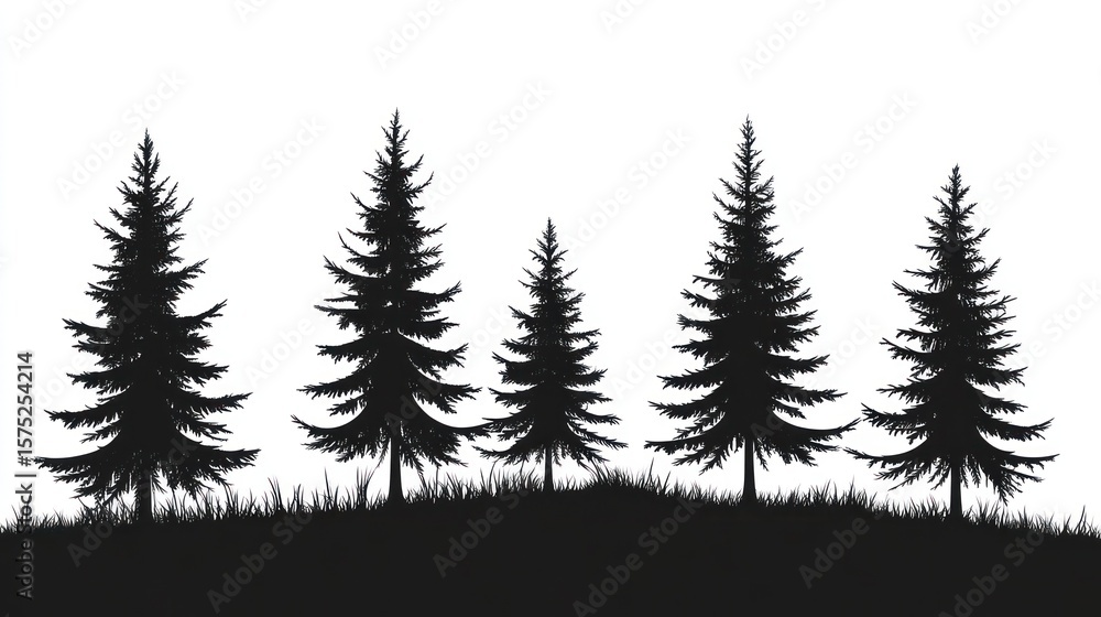 Obraz premium Silhouette of coniferous trees atop a grassy knoll against a stark white backdrop