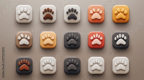 Fifteen cute, colorful pet paw print icons arranged in rows, textured, 3D effect