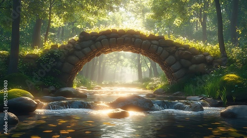 Fototapeta Naklejka Na Ścianę i Meble -  Ancient stone bridge crossing glowing forest stream images