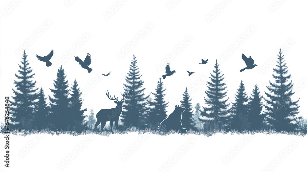 Fototapeta premium Forest silhouette with deer, wolf, birds, and evergreen trees on white