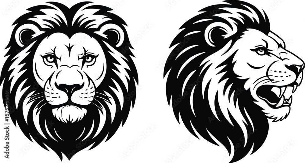 Fototapeta premium Powerful lion head front and side profile black and white vector illustration