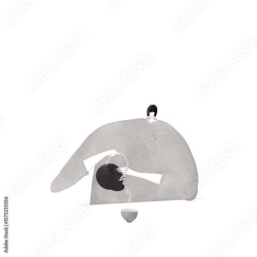 A woman brewing Japanese tea with careful demeanor.