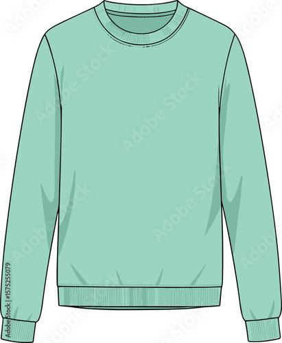 Blank mint green crewneck sweatshirt template, casual pullover design, unisex fashion mockup, isolated apparel, clothing flat sketch, vector illustration