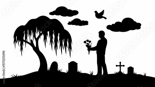 Silhouette of a man with flowers at a graveyard with tree clouds and bird in black and white drawing