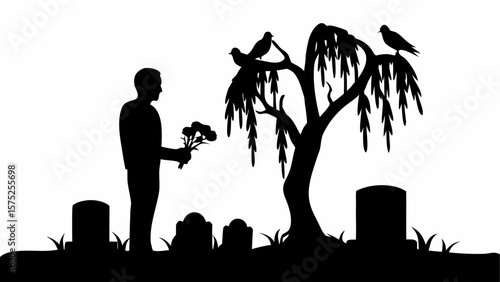 Silhouette of a man with flowers at a graveyard with birds in a tree and tombstones in black and white