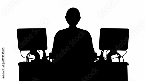 Silhouette of person seated at desk with two computer monitors in a dark room, facing the viewer