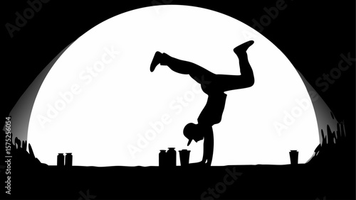 Silhouette of a breakdancer performing a handstand with cans and a bright light in the background