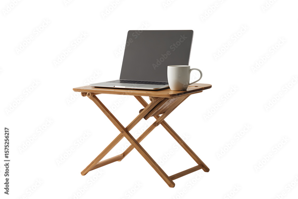 Fototapeta premium Laptop and coffee mug on a small wooden folding table.