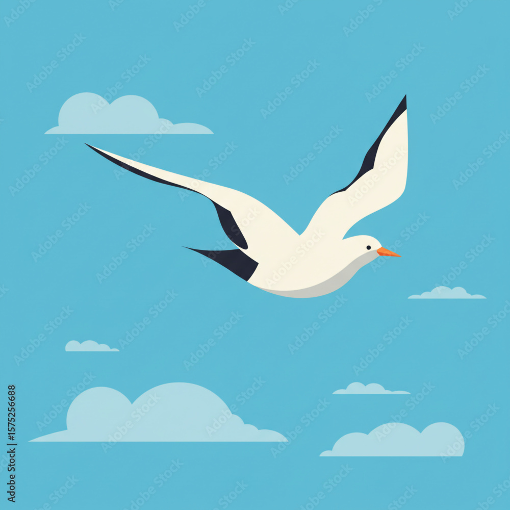 Obraz premium A stylized illustration of a seagull soaring through a clear blue sky dotted with fluffy white clouds.