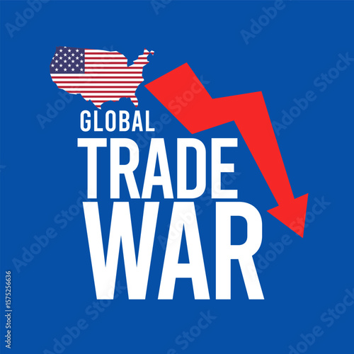 Global Trade War with red arrow down. Vector Illustration