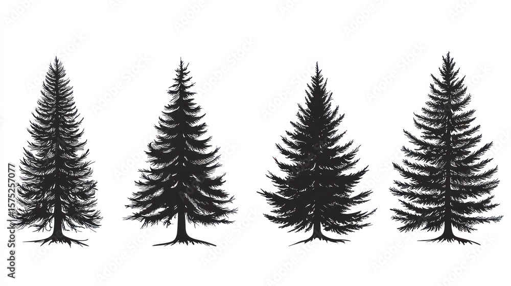 Obraz premium Four stylized silhouettes of evergreen trees