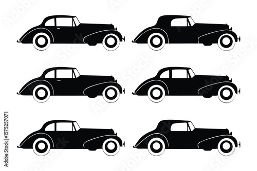 Vintage Car Silhouette Collection: An elegant assembly of vintage cars, their sleek silhouettes rendered in striking black, each showcasing classic design elements.