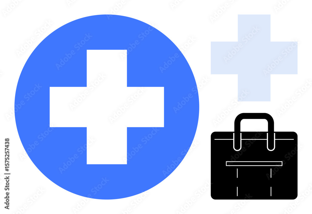 Obraz premium Bold blue cross in circle, black briefcase, and lighter cross highlight healthcare, medicine, first aid, emergency response, professional assistance, wellness and business support. Clean simple
