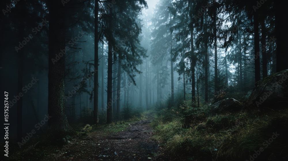 Fototapeta premium Dark misty forest path with eerie atmosphere for halloween concept