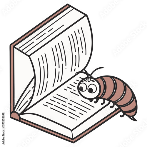 Cute bookworm insect reading an open book silhouette