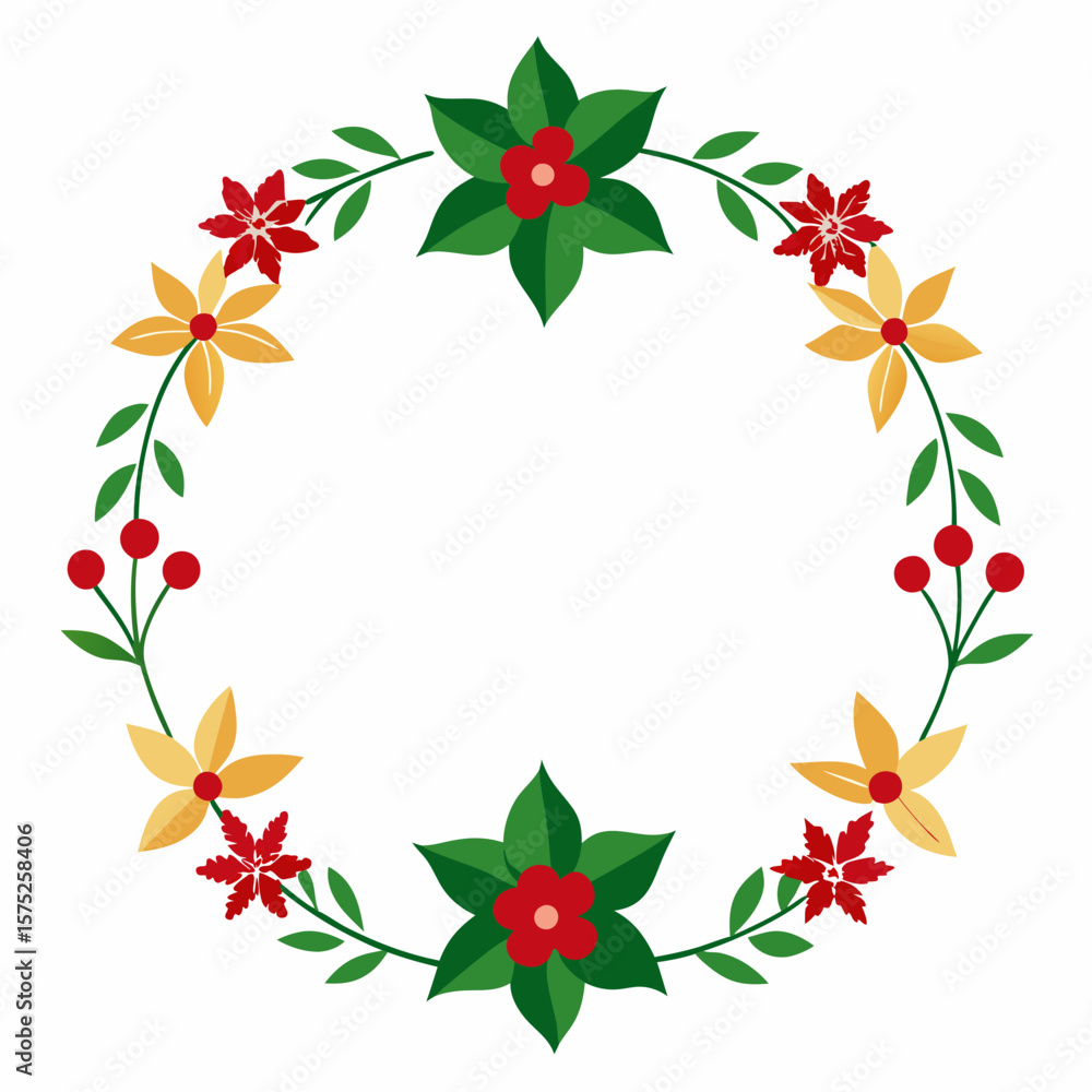 Fototapeta premium Red yellow floral christmas wreath with green leaves and berries border