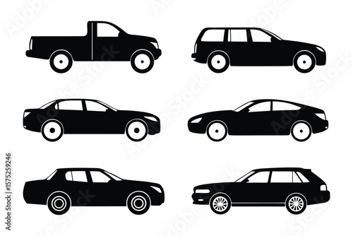 Vehicle Variety: A sleek monochrome illustration showcases an assortment of modern automobiles, offering a diverse selection of car body styles for transportation and design.