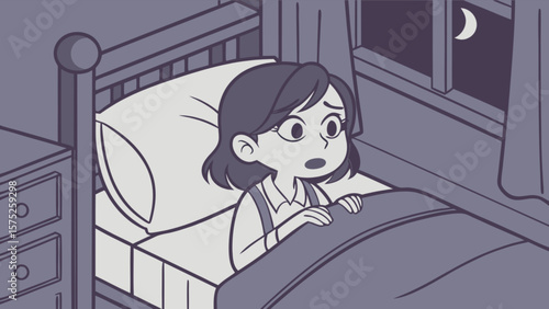 Cartoon girl in bed awake at night scared sleeplessness insomnia fear nightmare anxiety illustration art