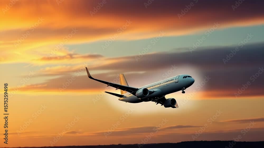 An airplane flies through a dramatic sunset sky painted with vibrant orange hues An airplane flies through a dramatic sunset sky painted with vibrant orange hues