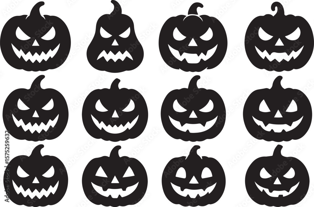 Obraz premium Spooky Halloween Jack-o'-lantern Pumpkin Faces 12 Silhouettes for Decorations