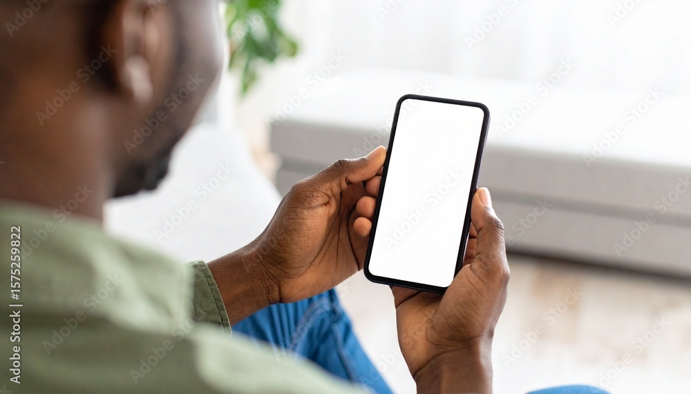 African American man holding a smartphone with a mockup white blank display, empty screen for app ads sitting on a couch at home. Mobile applications technology concept, over-the-shoulder close-up. African American man holding a smartphone with a mockup white blank display, empty screen for app ads sitting on a couch at home. Mobile applications technology concept, over-the-shoulder close-up.