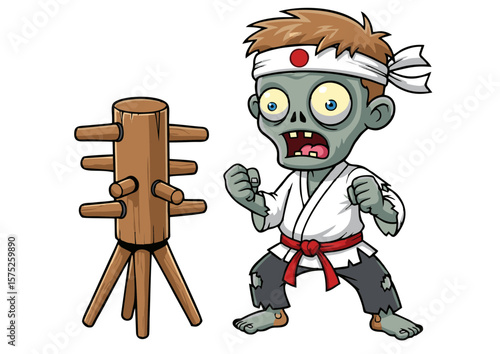 Cartoon Zombie Karateka Training with Wooden Dummy Gray Skin Red Belt.