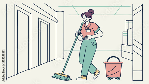 Professional cleaning services woman mopping floor in commercial building for hygiene and sanitation