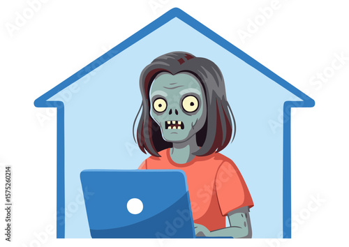 Cartoon Zombie Woman Working on Laptop Pale Skin Red Shirt.
