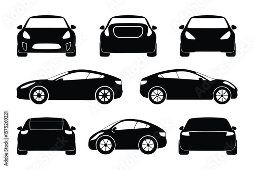 Automotive Silhouette Collection: A sleek and modern array of car silhouettes showcases various perspectives and design elements, perfect for illustrating automotive concepts.