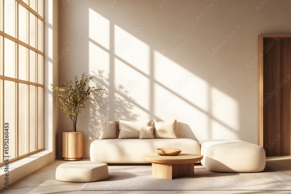 Fototapeta premium Serene living room filled with sunlight, soft furnishings, and a calming atmosphere for relaxation and contemplation.