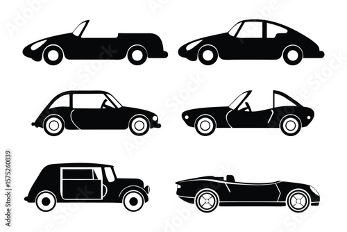 Silhouette Variety: A set of monochrome car silhouettes showcases different models of vehicles, rendered in crisp, graphical style.