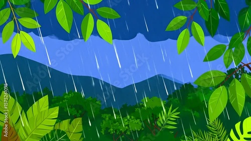 Stylized illustration of a rainy tropical scene with lush green foliage, blue mountains, and cascading raindrops