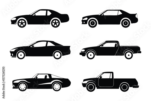 Automobile Silhouettes: A set of sleek automobile silhouettes, including sedan and truck, offering a versatile collection for automotive design or conceptual projects.