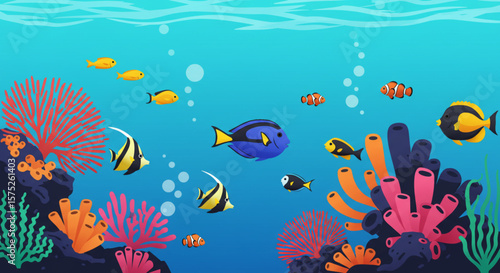A vibrant underwater scene depicting various colorful fish swimming near coral reefs.
