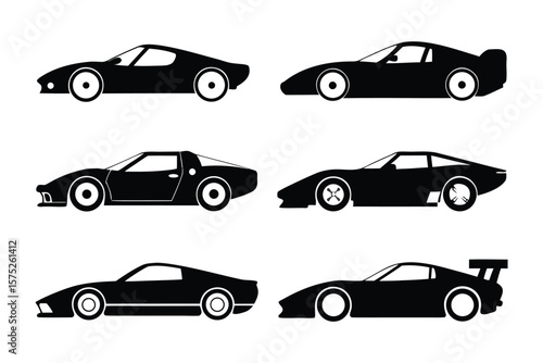 Classic Sports Car Silhouettes: Six sleek, classic sports car silhouettes, each distinct in its design, are presented in a clean, minimalist style.