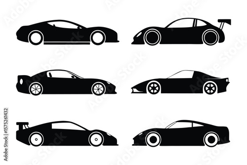 Six Sleek Automotive Silhouettes: A striking collection of minimalist automotive silhouettes, showcasing the streamlined forms of modern sports cars against a clean, studio backdrop.