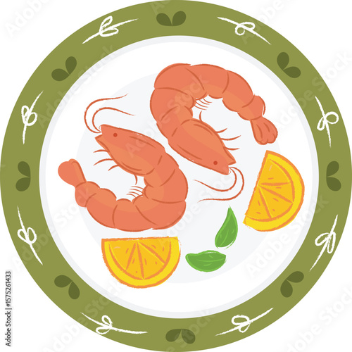 Shrimp with lemon slices on decorative plate Vector illustration of cooked shrimp with lemon slices on a decorative plate, perfect for food menu design, restaurant graphics, and culinary-themed prints