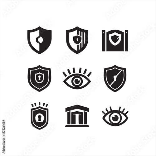 Collection of security and protection symbols featuring shields eyes and a building