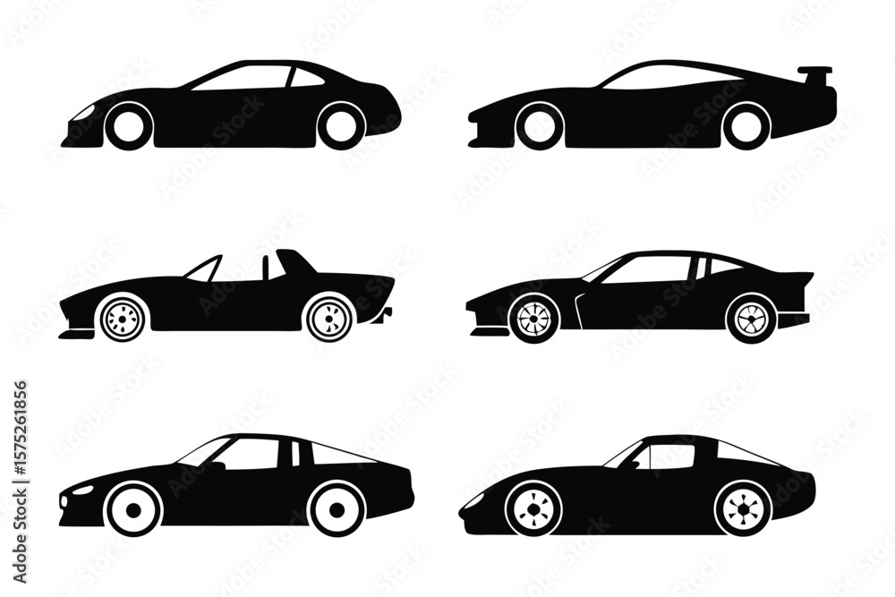 Fototapeta premium Silhouette Fleet: A sleek collection of various sports car silhouettes showcases the essence of automotive design and elegance, perfect for conveying motion and speed in a stylized manner.
